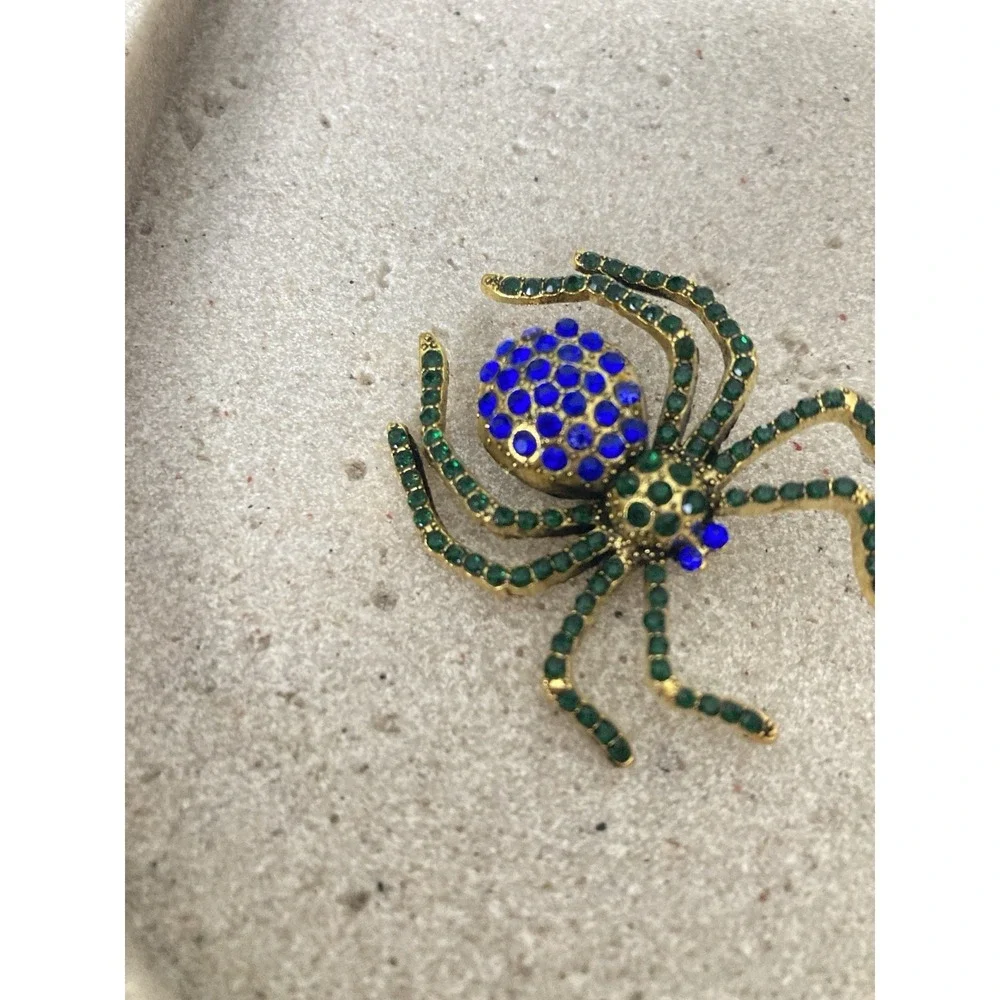 Gold Tone Spider Brooch Pin Blue & Green Rhinestone Bug Insect Whimsical Novelty